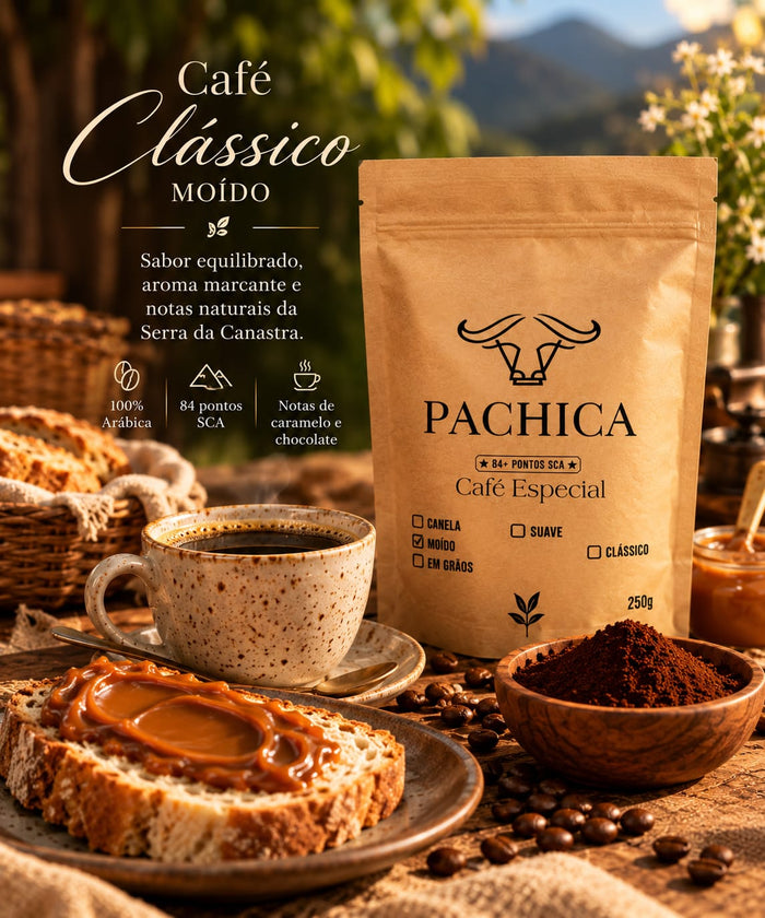 Pacote de Café Especial Pachica Clássico moído, 250 g, com xícara de café e doce de leite