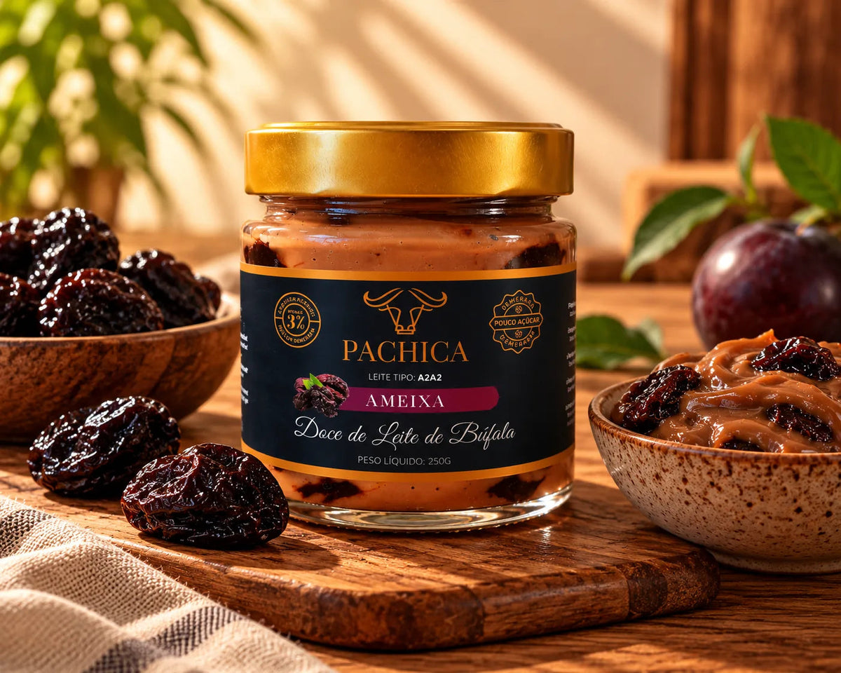 Pote de doce de leite de búfala Pachica Ameixa, 250 g, sobre tábua de madeira, com ameixas secas e uma ameixa fresca ao fundo