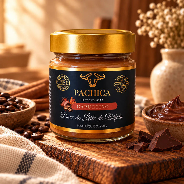Pote de doce de leite de búfala Pachica Cappuccino, 250 g, com chocolate, canela e grãos de café ao redor