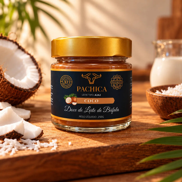 Pote de doce de leite de búfala Pachica Coco, 250 g, com coco fresco e coco ralado ao redor