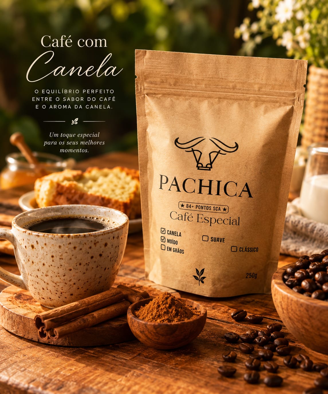 Pacote de Café Especial Pachica Canela moído, 250 g, com canela em pau