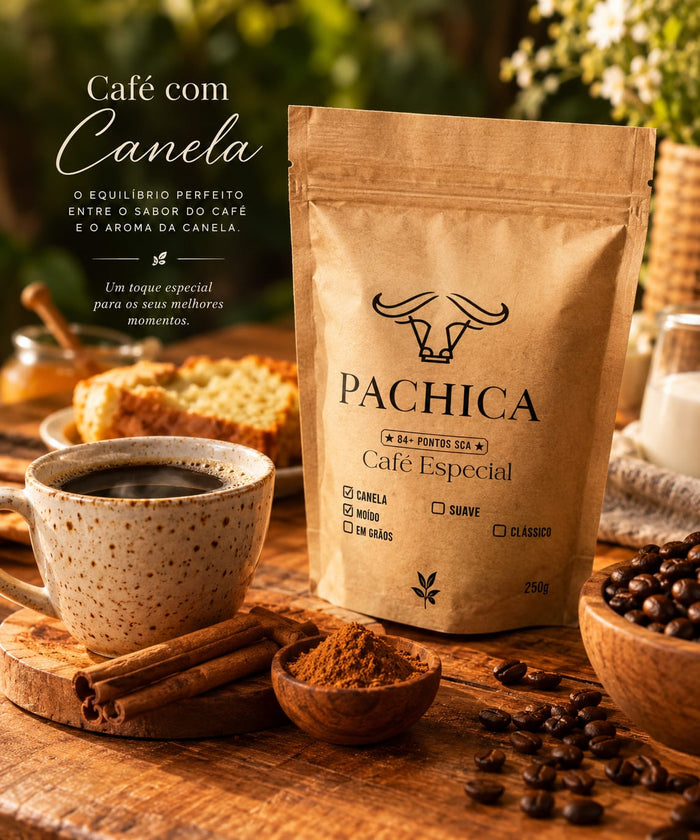 Pacote de Café Especial Pachica Canela moído, 250 g, com canela em pau