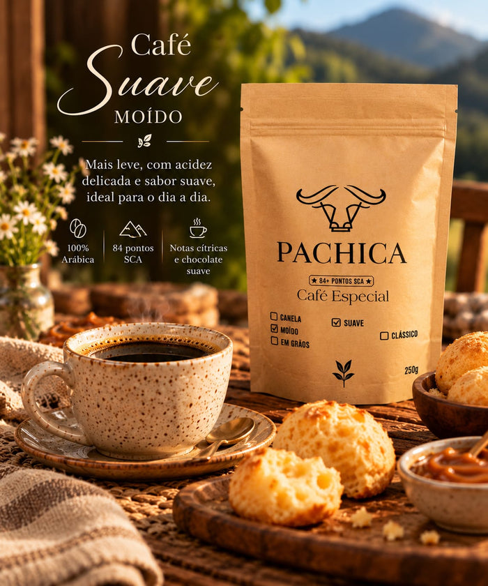 Pacote de Café Especial Pachica Suave moído, 250 g, com xícara de café